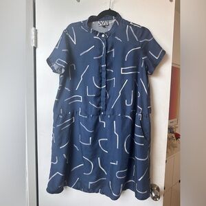 Dusen dusen silk blue and white abstract patterned dress